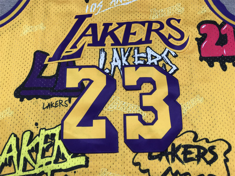 Men's Los Angeles Lakers LeBron James #23 Yellow Swingman Graffiti Edition Jerseys
