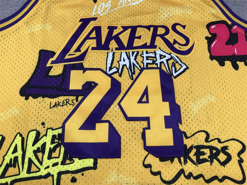 Men's Los Angeles Lakers Kobe Bryant #24 Yellow Swingman Graffiti Edition Jerseys