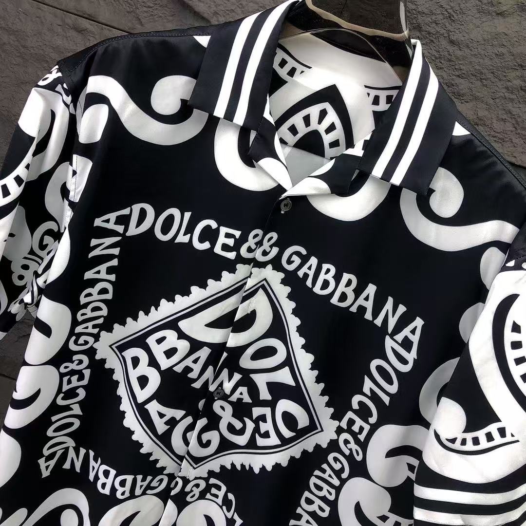 Dolce & Gabbana DG Baroque Scroll Print Short-Sleeve Button-Down Shirt | White & Navy