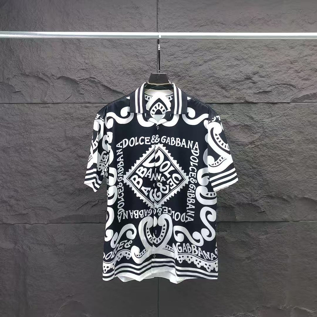 Dolce & Gabbana DG Baroque Scroll Print Short-Sleeve Button-Down Shirt | White & Navy