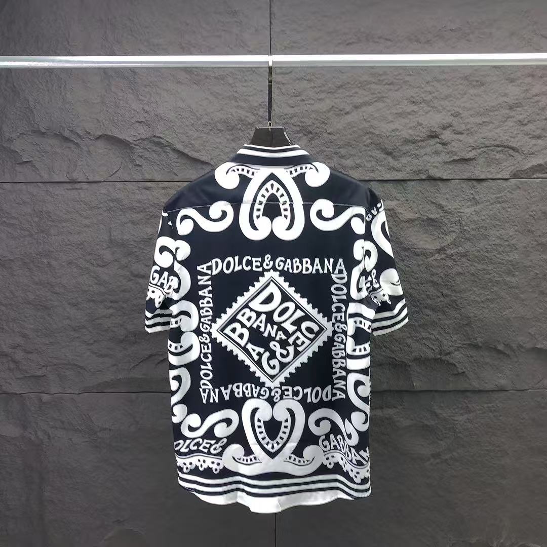 Dolce & Gabbana DG Baroque Scroll Print Short-Sleeve Button-Down Shirt | White & Navy