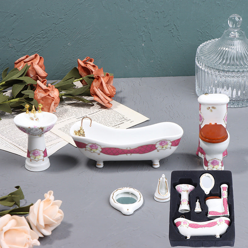 1:12 Scale Dollhouse Miniature Ceramic Bathroom Set – 5-Piece Furniture Model for Dollhouse Decor