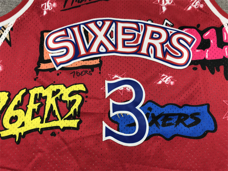 Men's Philadelphia 76ers Allen Iverson #3 Red Swingman Graffiti Edition Jerseys