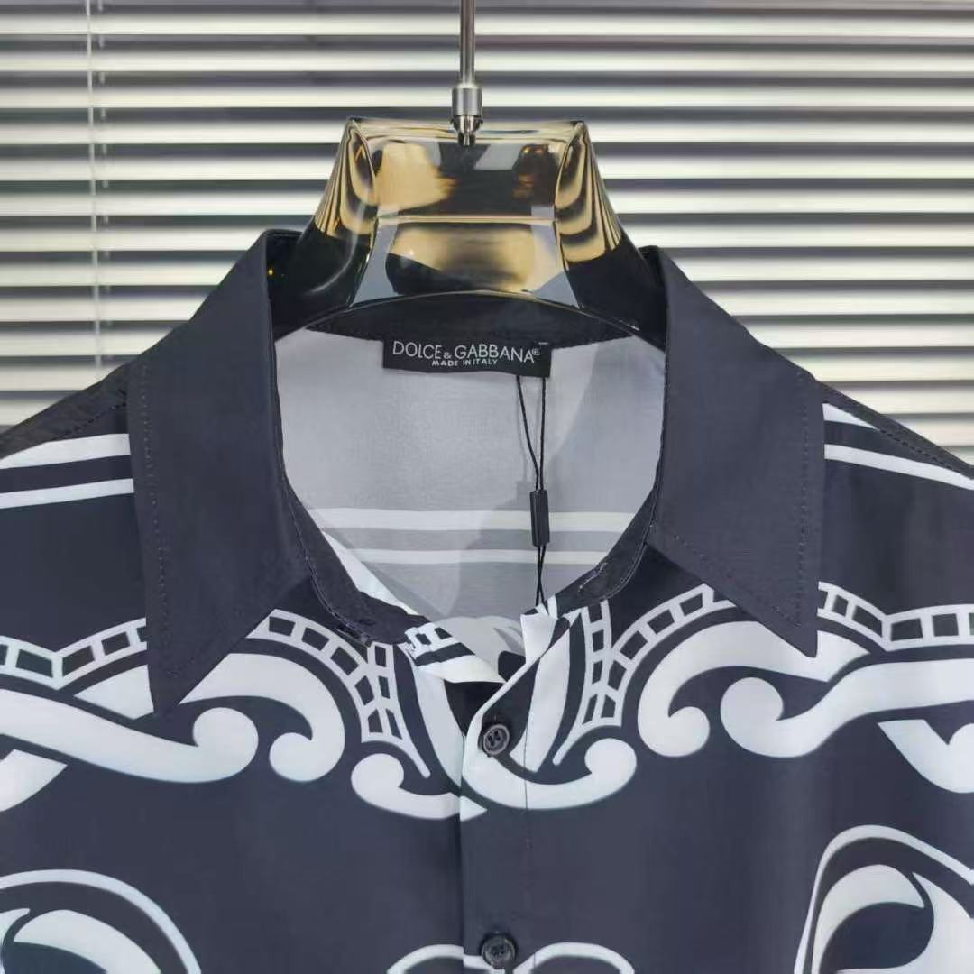 Dolce & Gabbana DG Baroque Scroll Print Short-Sleeve Button-Down Shirt | White & Navy