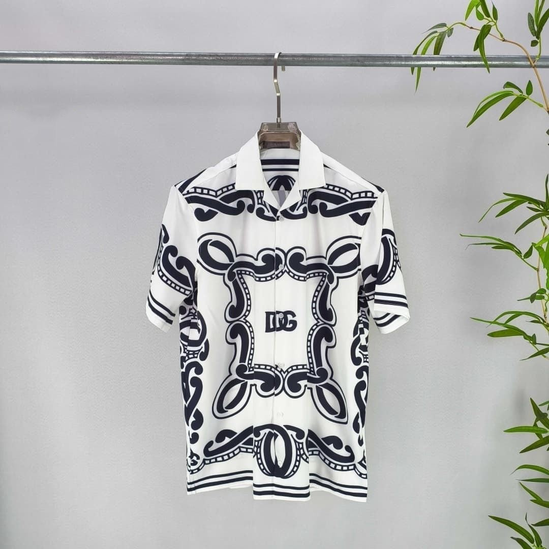 Dolce & Gabbana DG Baroque Scroll Print Short-Sleeve Button-Down Shirt | White & Navy