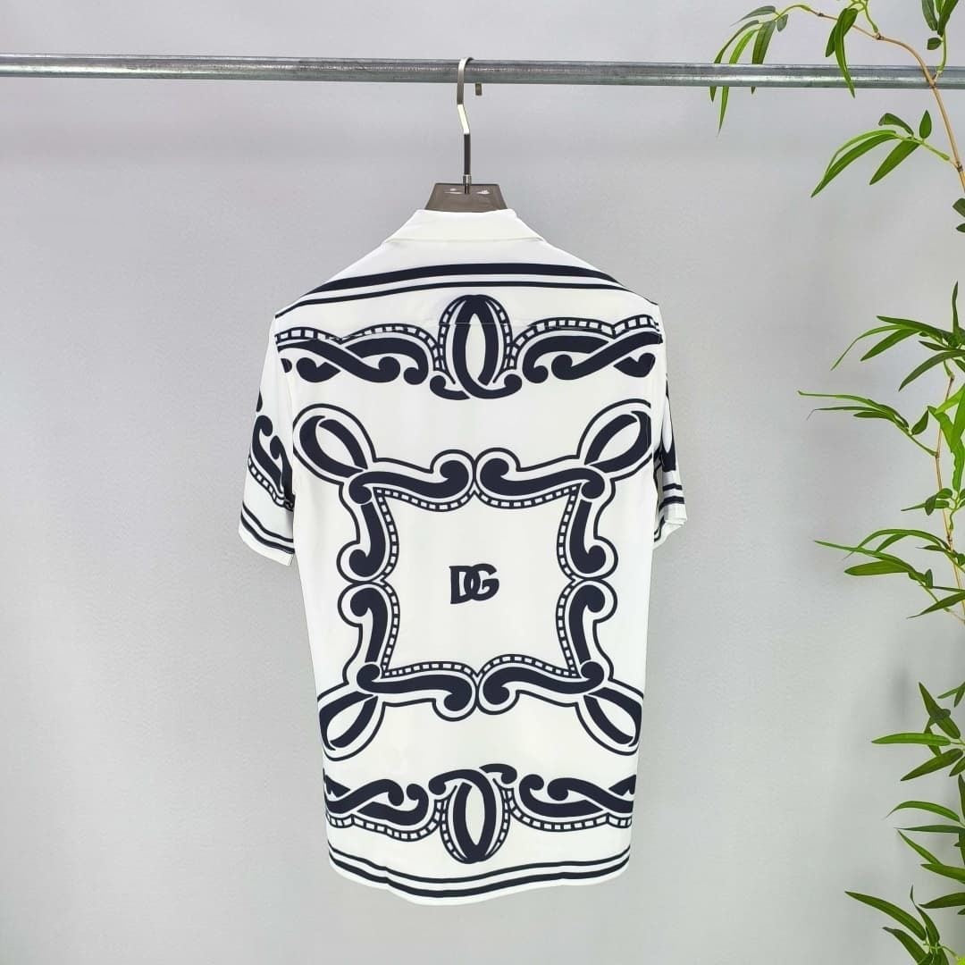 Dolce & Gabbana DG Baroque Scroll Print Short-Sleeve Button-Down Shirt | White & Navy