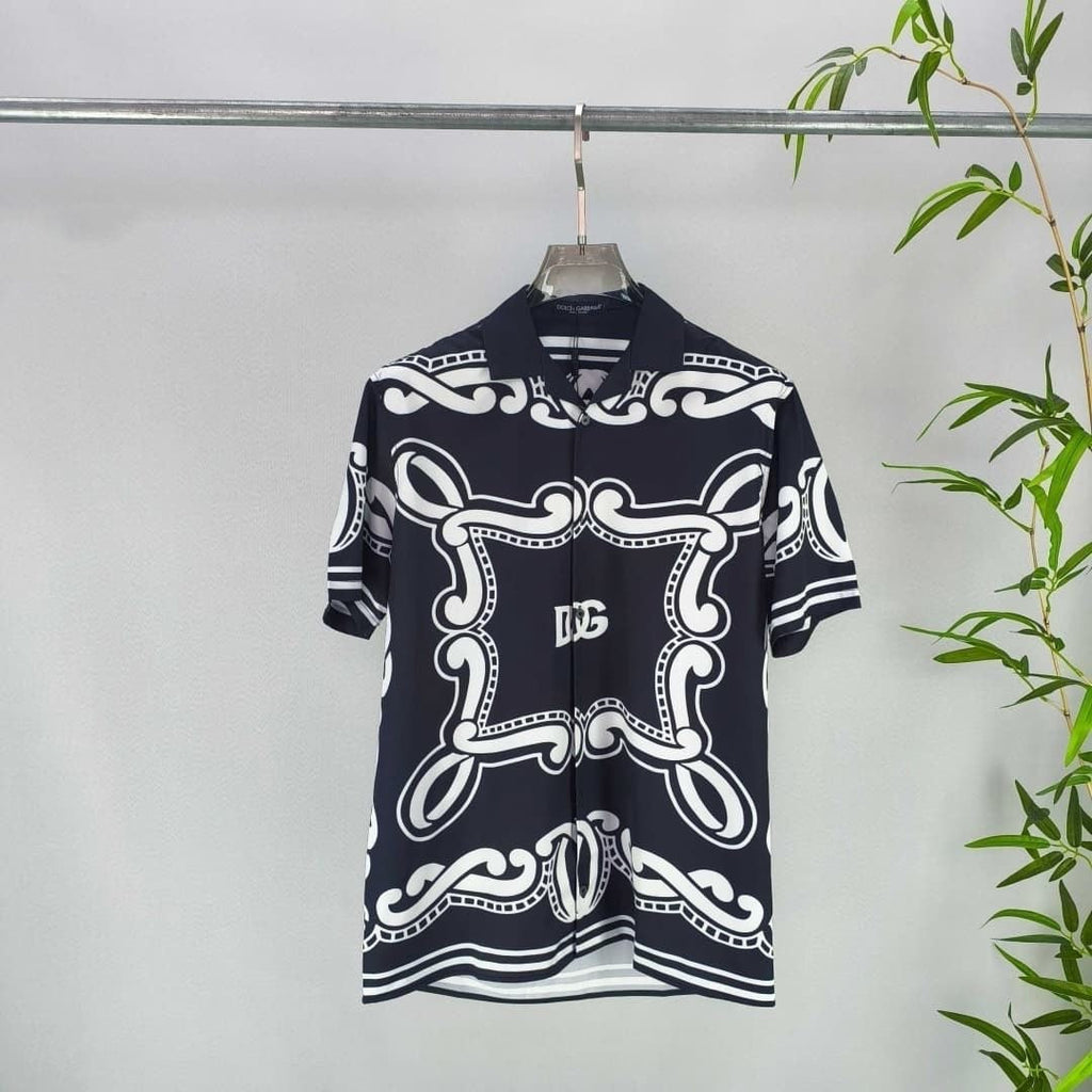 Dolce & Gabbana DG Baroque Scroll Print Short-Sleeve Button-Down Shirt | White & Navy