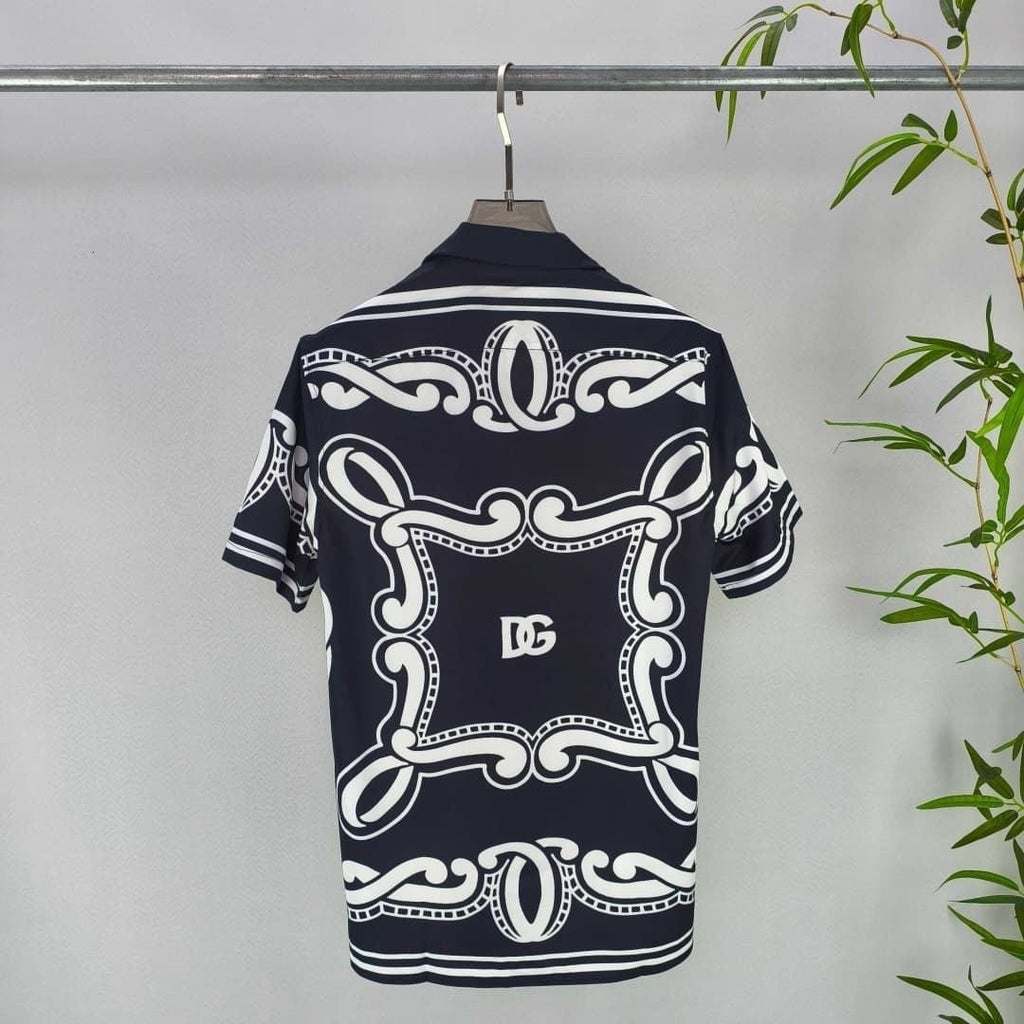 Dolce & Gabbana DG Baroque Scroll Print Short-Sleeve Button-Down Shirt | White & Navy