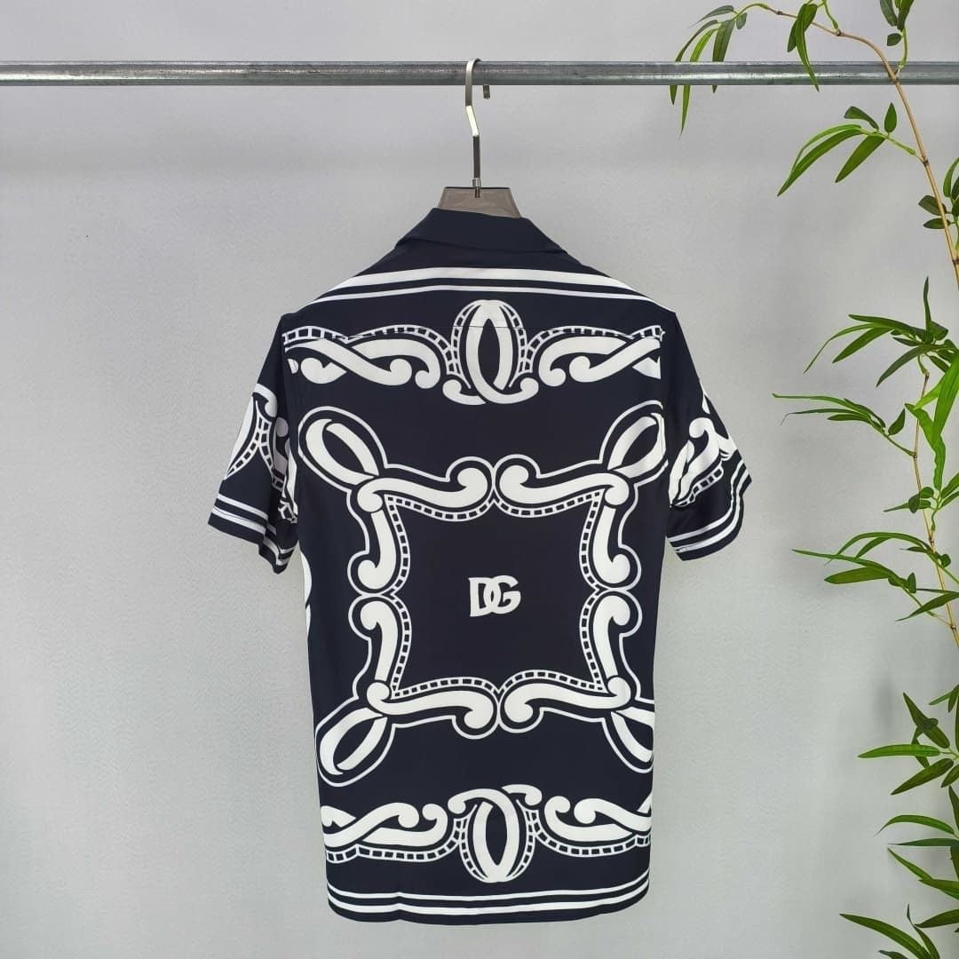 Dolce & Gabbana DG Baroque Scroll Print Short-Sleeve Button-Down Shirt | White & Navy