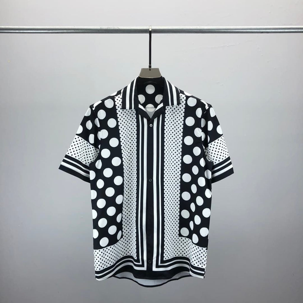 Dolce & Gabbana DG Baroque Scroll Print Short-Sleeve Button-Down Shirt | White & Navy