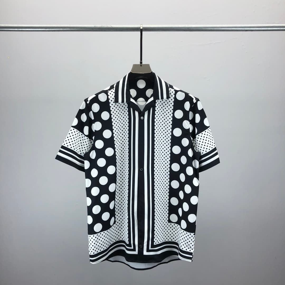 Dolce & Gabbana DG Baroque Scroll Print Short-Sleeve Button-Down Shirt | White & Navy