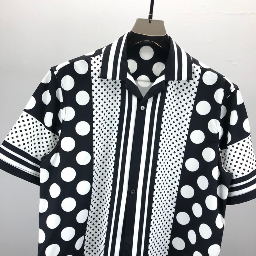 Dolce & Gabbana DG Baroque Scroll Print Short-Sleeve Button-Down Shirt | White & Navy