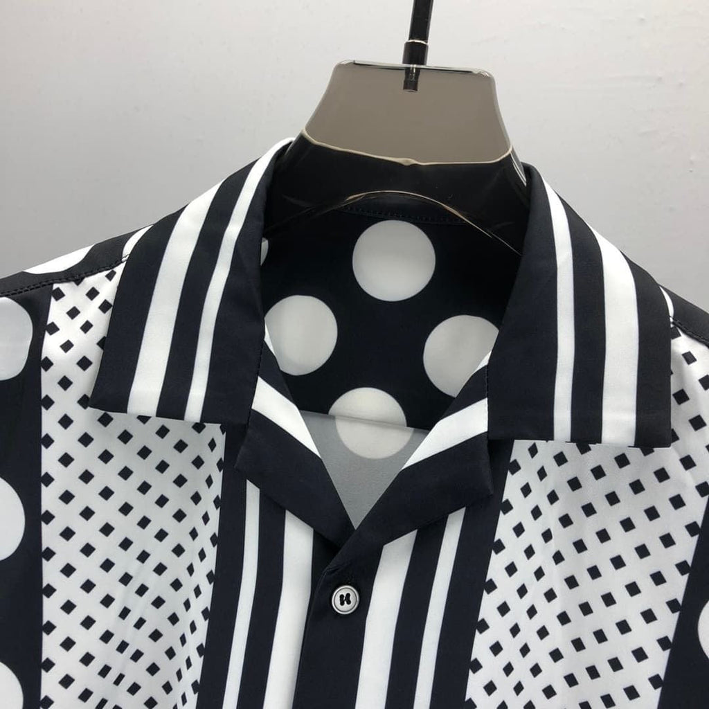 Dolce & Gabbana DG Baroque Scroll Print Short-Sleeve Button-Down Shirt | White & Navy