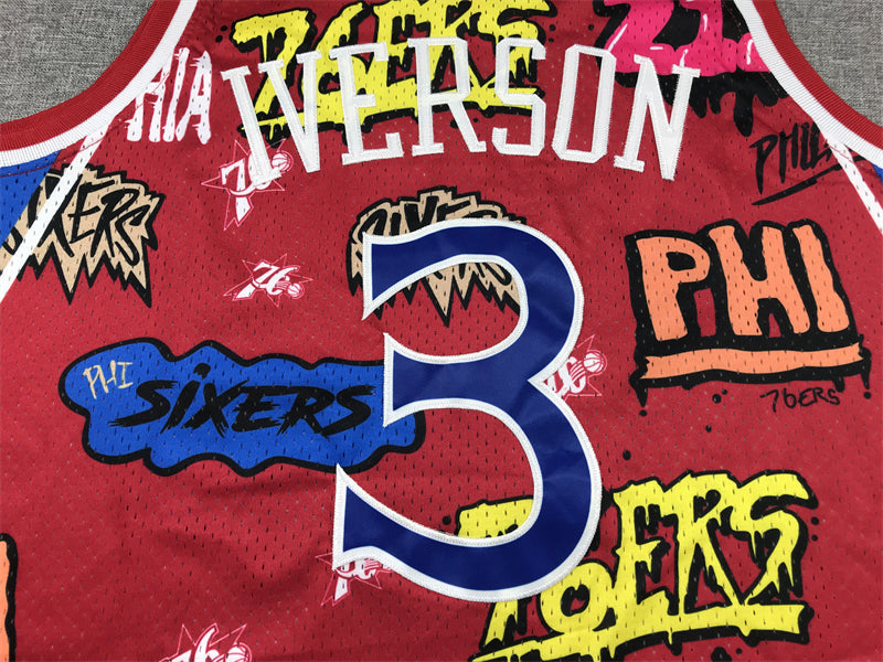 Men's Philadelphia 76ers Allen Iverson #3 Red Swingman Graffiti Edition Jerseys